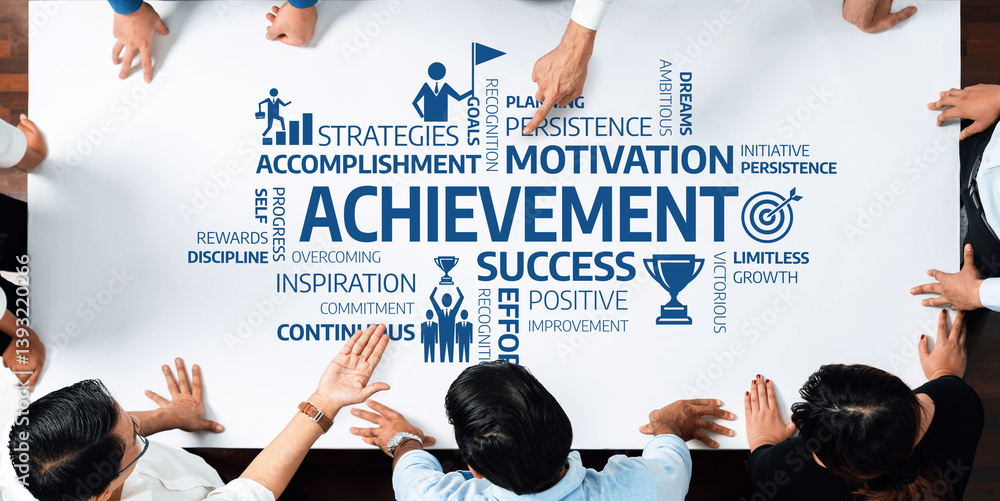 Aufkleber A dynamic team collaborates over a table showcasing key motivational concepts related to achievement, success, and personal growth through visual graphics and keywords. Amity