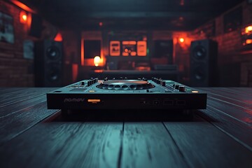 A DJ controller sits on a wooden surface in a dimly lit venue