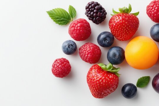 vibrant assortment of fresh fruits and colorful berries scattered randomly on unblemished white background each piece