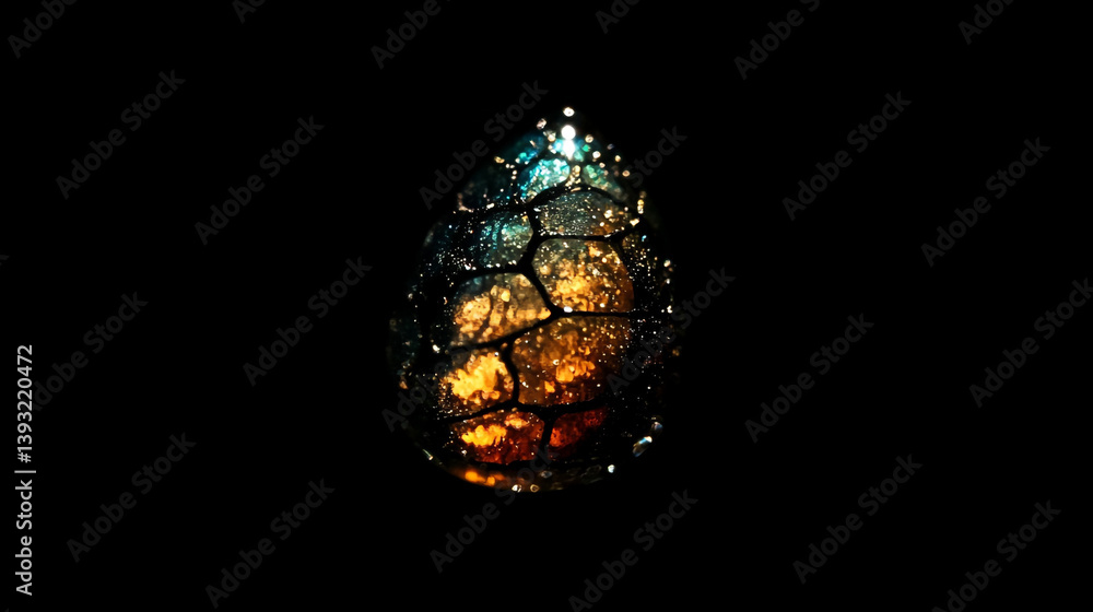 Poster iridescent droplet with cellular pattern and water droplets against a black background in studio sho
