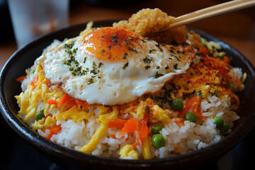 Korean Bibimbap Bowl with Fried Egg and Colorful Vegetables