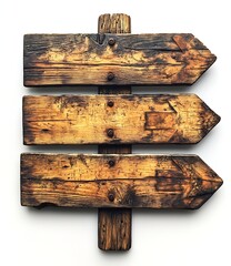 Fototapeta premium Vintage Wooden Arrow Signpost with Rustic Texture Three Directional Guides Isolated on White : Generative AI