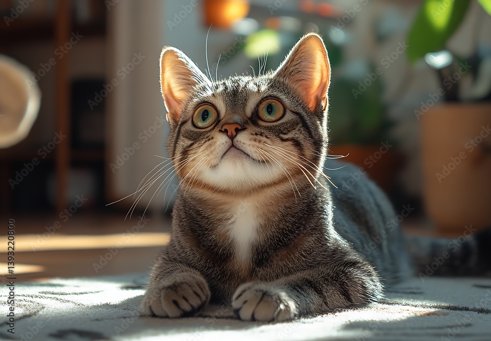 Poster cute tabby cat looking upwards with wide eyes and curious expression in natural sunlight indoor sett