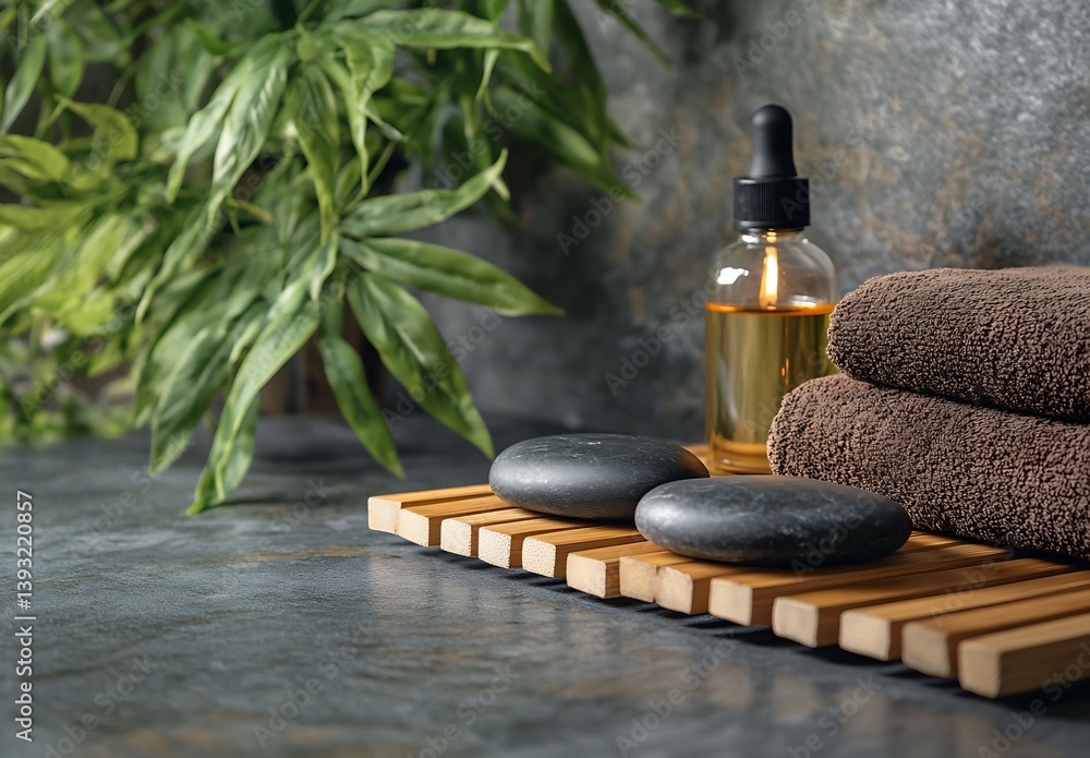 Poster aromatic essential oil with towels and smooth stones on bamboo mat in spa area : generative ai