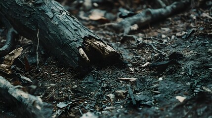 Fototapeta premium Fallen tree branch on forest floor with dark moody lighting.