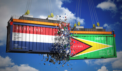 Cargo containers with flags of Netherlands and Guyana - 3D illustration