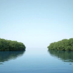 Obraz premium image of a tranquil lagoon fringed by mangroves reflecting a clear sky isolated on a plain background 