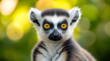 Obraz premium Ring-tailed lemur basking in golden sunlight, perched on a tree branch amidst lush foliage.