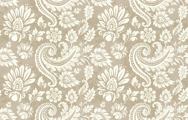 Abstract Paisley Traditional Scribble Style Hand Drawn Ikat Seamless Vector Pattern Trendy Fashion Colors Perfect for Allover Fabric Print or Wall Paper Damask Ethnic Concept Bright Orange White Tones