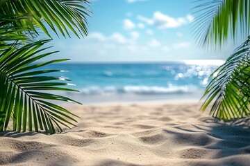 Tropical Beach Paradise with Palm Trees Turquoise Water and Golden Sand for Vacation and Relaxation : Generative AI