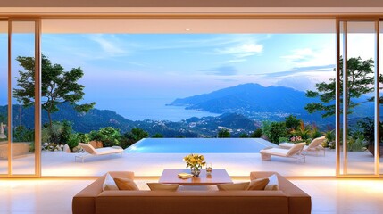 Fototapeta premium Luxurious Villa Overlooking Scenic Coastal Mountains