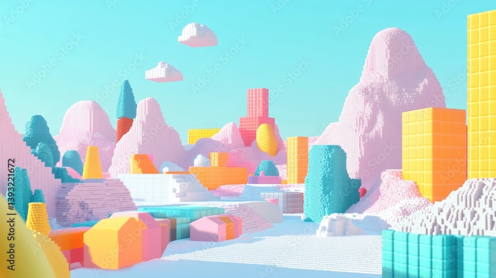 Poster vibrant pixel art landscape featuring retro elements with colorful 3d objects scattered throughout s