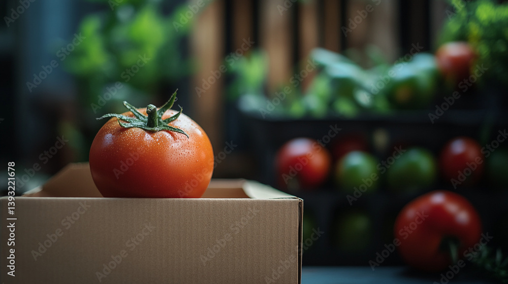 Poster a single tomato in a cardboard box with more produce blurred in the background on a dark surface