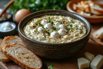 Creamy Mashed Potato Spread with Cottage Cheese and Parsley in Rustic Bowl