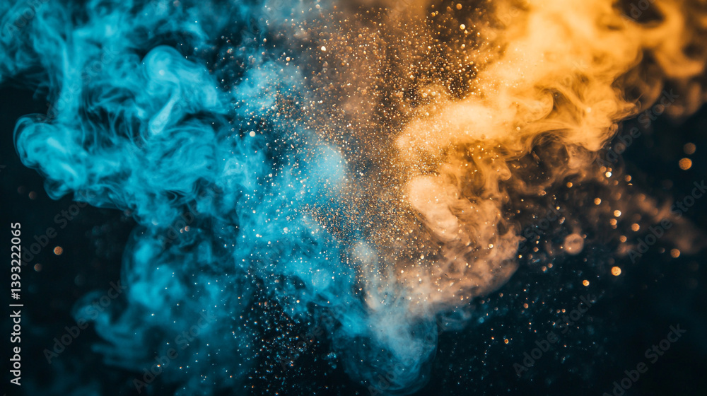 Poster an abstract image of blue and orange smoke with glitter against a dark background creating a dynamic