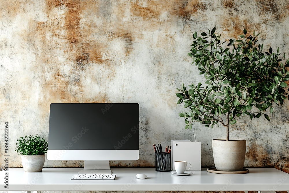 Poster modern home office setup with computer plants and stylish decor against a rustic concrete wall backd