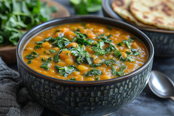 Hearty lentil soup with vegetables and fresh herbs in a rustic bowl