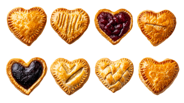 Heart-shaped pastries with various fillings on black background, cut out transparent