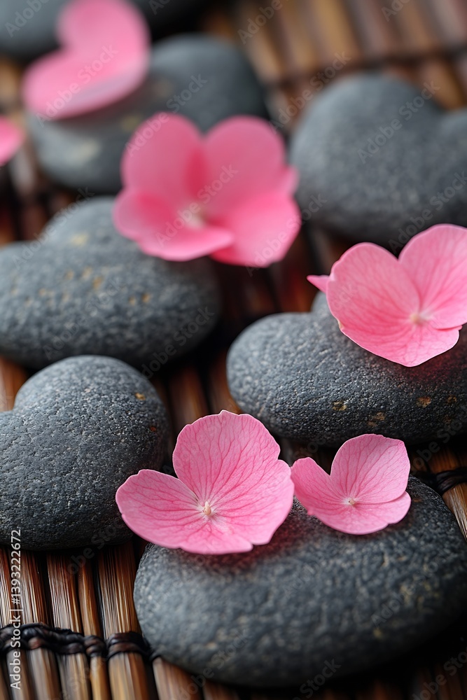 Poster delicate pink petals on smooth stones creating a peaceful and serene spa setting for relaxation and 