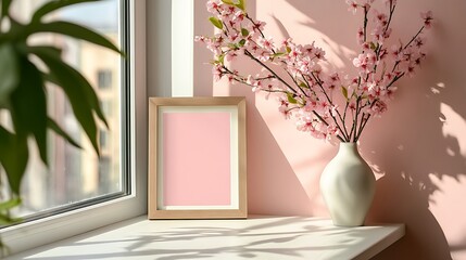 A framed picture and a vase with pink flowers on a windowsill