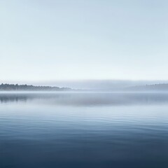 image of a tranquil lake shrouded in early morning mist isolated on a plain background