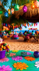 Fototapeta premium Beach table decorated with bright paper flowers and handmade pots, table glowing in festive beach mood, table celebrating joy, table setting ideal for tropical events.