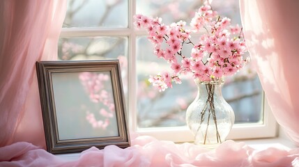 A beautiful display of blossoms near a window with a frame