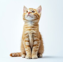 Adorable Ginger Kitten Looking Up Cute Orange Tabby Cat Studio Portrait Playful Feline Isolated on White Background : Generative AI