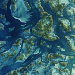 Naklejka premium image of a peaceful river delta with multiple intersecting waterways isolated on a plain background a complex network of shimmering waterways merging into a tranquil delta 