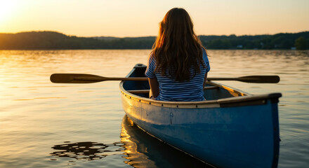 Woman paddling canoe on calm lake at sunset. Peaceful water recreation with mountain silhouette. Outdoor adventure and nature escape. Summer vacation and leisure activity. Horizontal banner