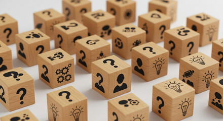 Unlocking Potential: A collection of wooden blocks displaying diverse symbols, representing ideas, questions, and teamwork, with a clean, minimalist aesthetic.