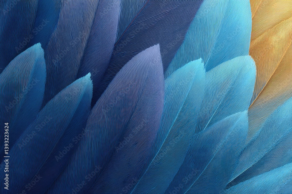 Poster abstract array of vibrant feathers seamlessly blending in hues of blue and gold creating intricate a