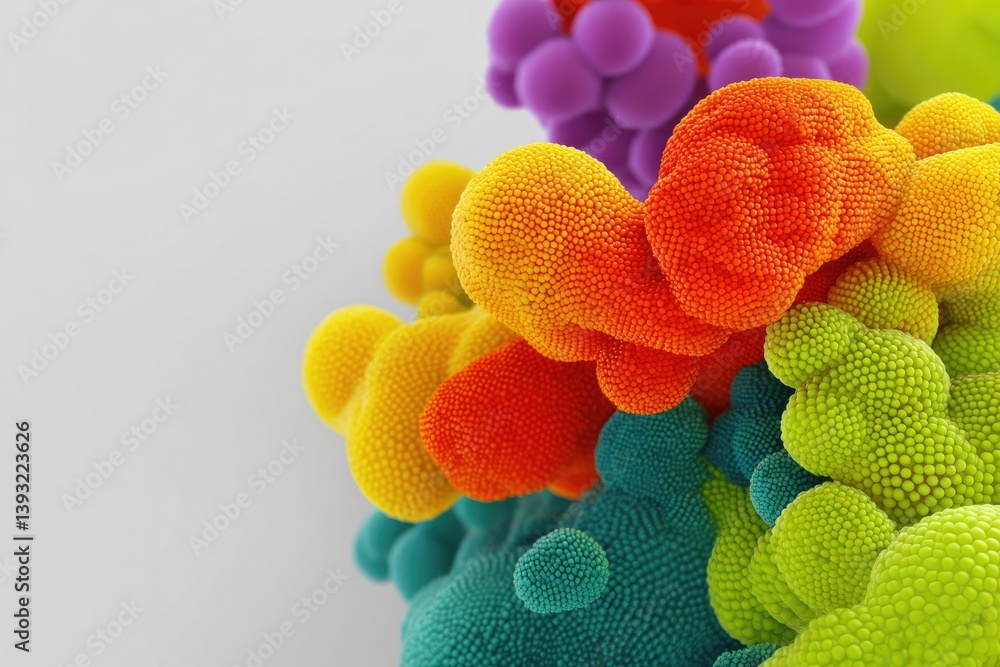 Poster abstract cellular structures in vivid colors forming intricate patterns showcasing complexity of bio