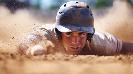A baseball player slides into home plate, kicking up dust on a warm summer day. The focus is on the determination in his eyes as he stretches towards safety