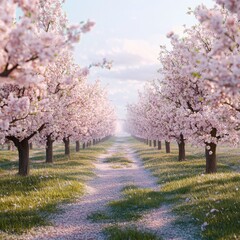 image of an orchard bursting with blossoms under a radiant spring sky isolated on a plain background neat rows of fruit trees in full bloom with delicate petals and vibrant colors 