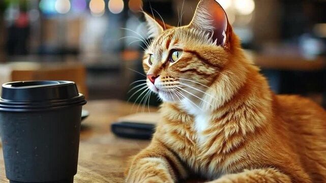 This delightful image features an orange cat lounging on a table next to a coffee cup. It conveys a sense of calm and relaxation, ideal for animal lovers and cozy environments. AI