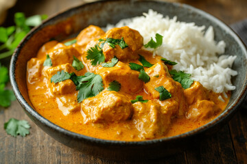 Creamy Chicken Tikka Masala with Basmati Rice in Rustic Bowl