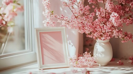 A vase of beautiful pink flowers by a framed window