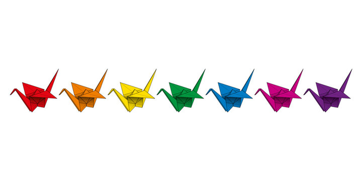 Rainbow colored origami cranes, also called tsuru or orizuru. Illustration of 7 multi colored Japanese origami cranes, traditionally made of folding paper, used as decoration, present or peace symbol.