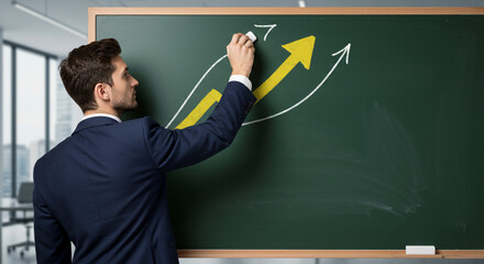 A confident businessman strategically drawing upward trending arrows on a chalkboard, visualizing growth and success with a simple yet impactful design.