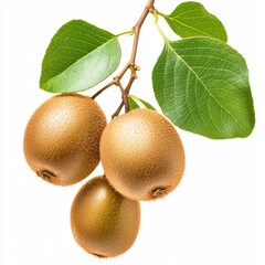 Three kiwi fruits hanging from a branch with green leaves above isolated on white background
