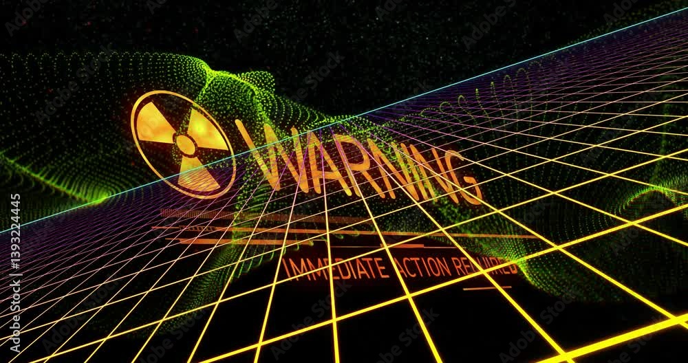 Poster animation of warning text and radiation symbol over digital grid with glowing lines