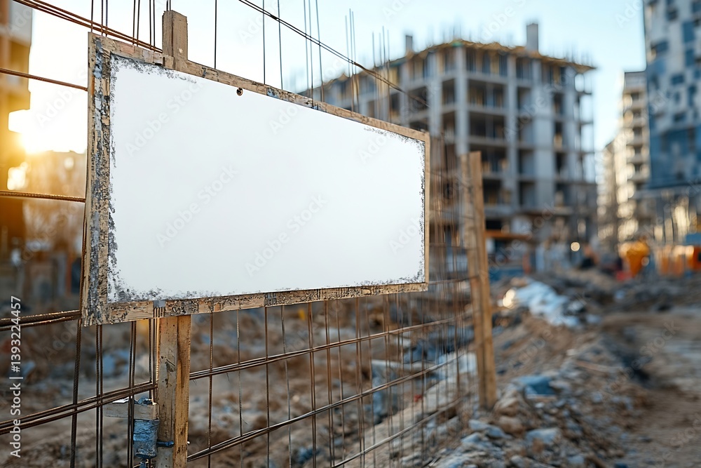 Aufkleber Construction Site Sign in Urban Area Development Project Blank Billboard Space Building Progress and Real Estate Concept : Generative AI