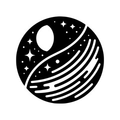 Minimalist Celestial Sphere Icon - Moon, Stars, Milky Way, Black & White