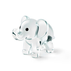 Elephant – A 3D adorable glass elephant figurine, transparent with gentle light bending, small and chubby design, smooth polished finish, white background, icon-style illustration. Generative AI
