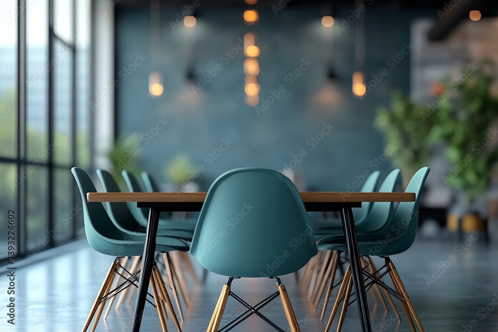 Poster modern meeting room interior with blue chairs and wooden table conference room setting with large wi