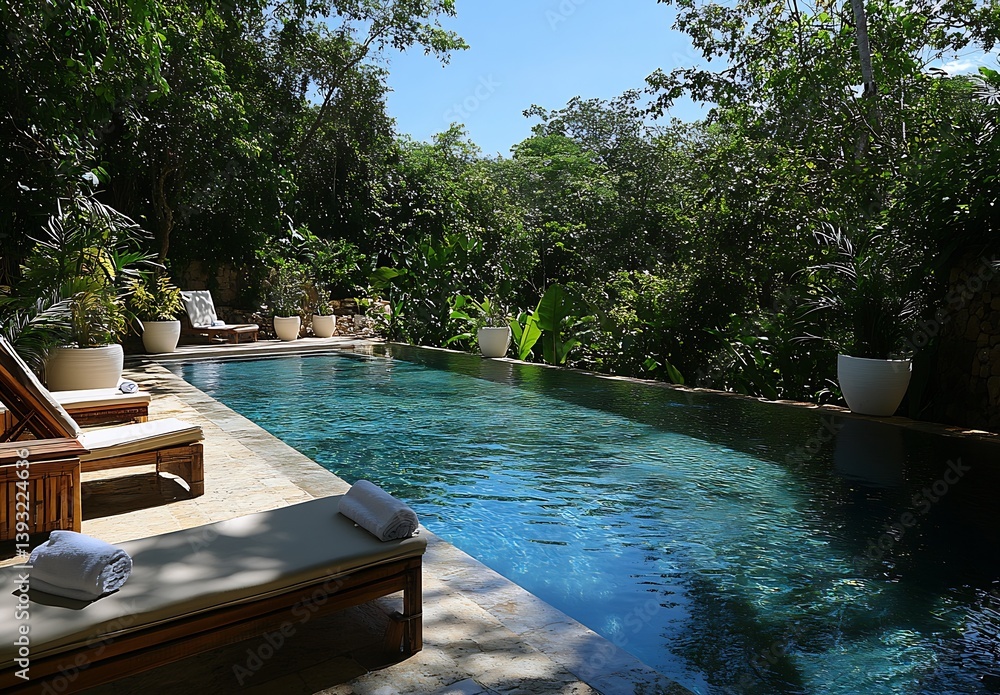 Poster inviting swimming pool bordered by tropical plants offering a relaxed environment for unwinding : ge