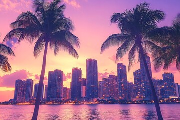 Obraz premium Tropical Miami Skyline at Sunset with Palm Trees and Vibrant Pink Sky for Vacation Photography and Travel Destination Concepts : Generative AI