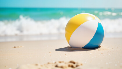 Naklejka premium Abandoned beach ball resting on sand, summer beach vibes