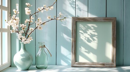An elegant composition featuring flowers and an empty picture frame